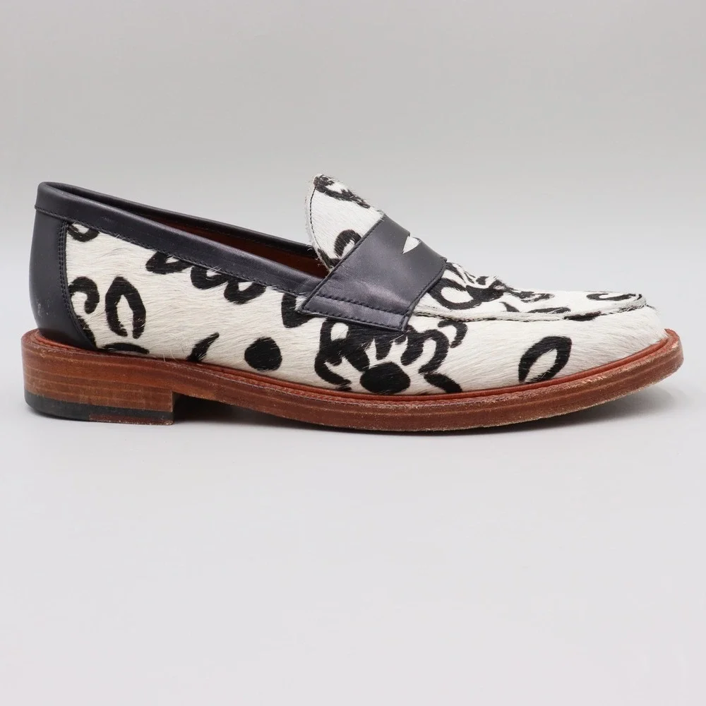 Taft Mens The Fitz Slip-On Penny Loafer Floral Print Calf Hair Sz 42 Black White